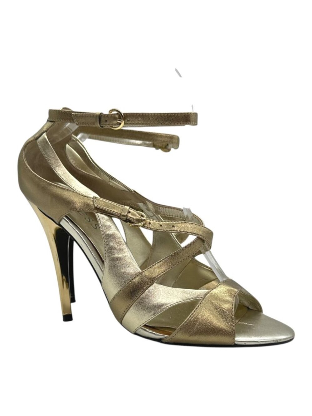 Guess Shiny Gold Strappy Heeled Sandal 7.5 Metallic Leather Mob Wife Glam Formal